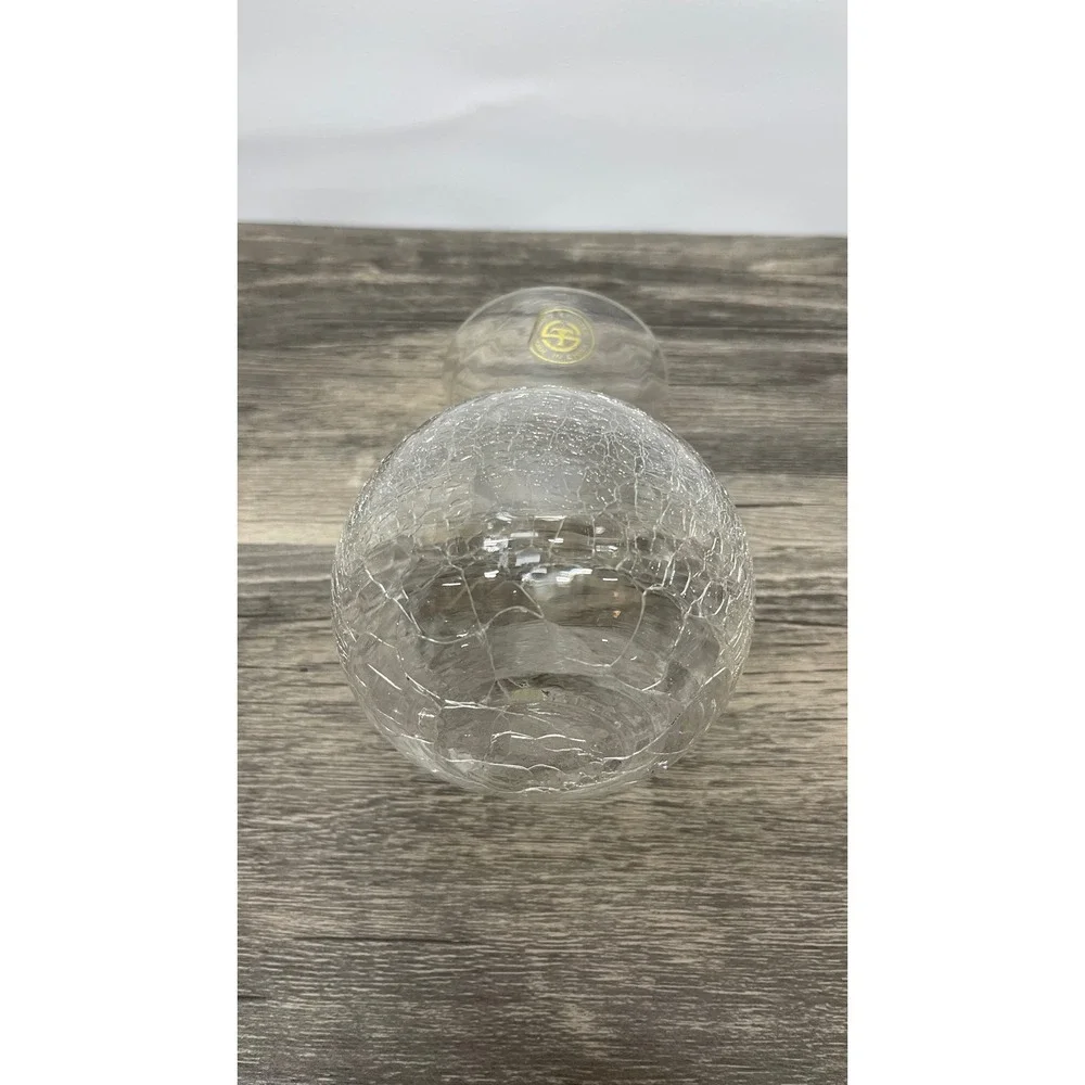 Hand Crafted Clear Crackle Art Glass Vase Round‎ Bulbous Flared Rim 4.5